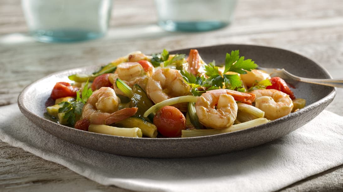 Gemüse-Pfanne mit Garnelen