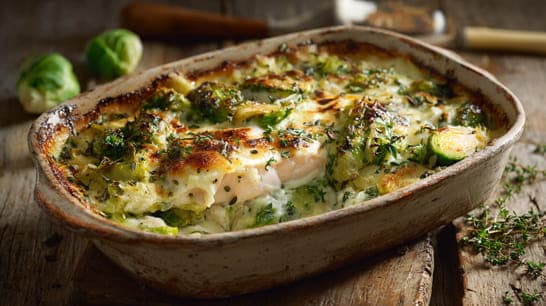 Gratins von Rosenkohlpüree mit Lachsforelle