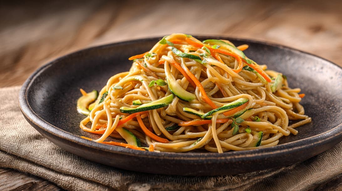 Spaghetti mit Mandelmus und Gemüse
