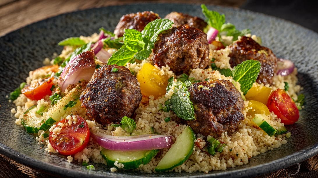 Kräutercouscous mit orientalischen Hackbällchen