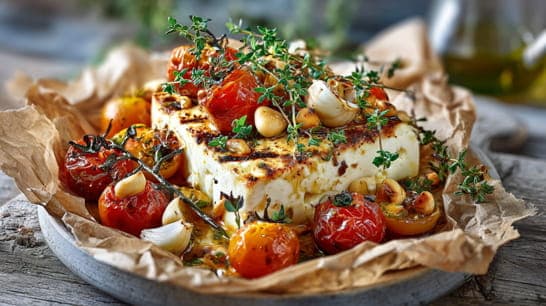 Mediterraner Feta in Backpapier gegrillt